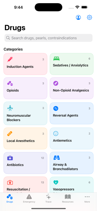 Apio drug reference screen showing categorized medications such as induction agents, opioids, and reversal agents