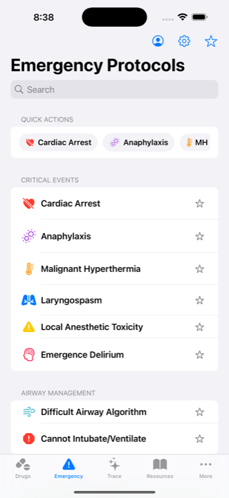 Apio emergency protocols screen: cardiac arrest, anaphylaxis, and malignant hyperthermia quick actions
