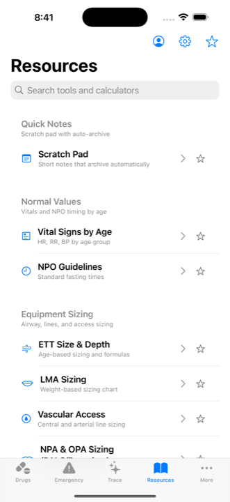 Apio resources screen with equipment sizing and perioperative calculators